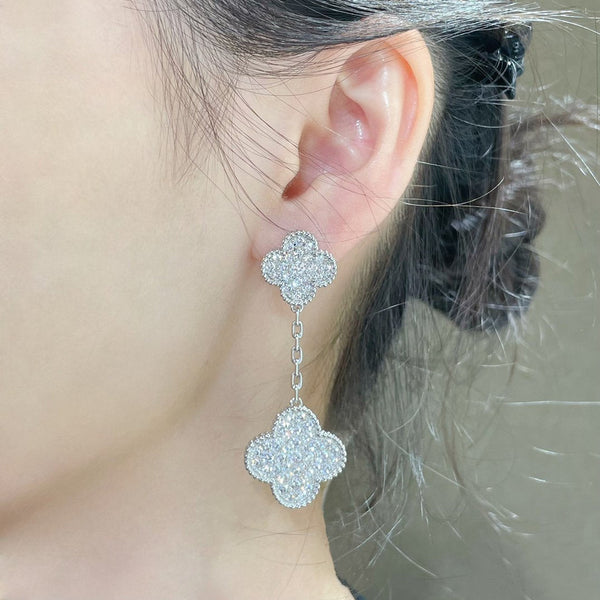 ˇStreet JewelryˇCLOVER 2 MOTIFS DIAMOND PAVED SILVER EARRINGS