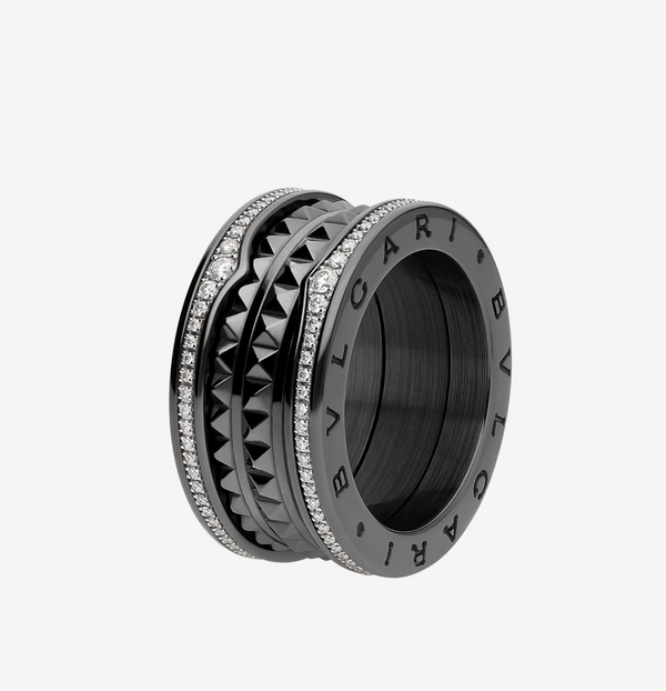 ˇStreet JewelryˇZERO 1 ROCK FOUR-BAND BLACK CERAMIC WITH STUDDED SPIRAL AND PAVED DIAMONDS RING