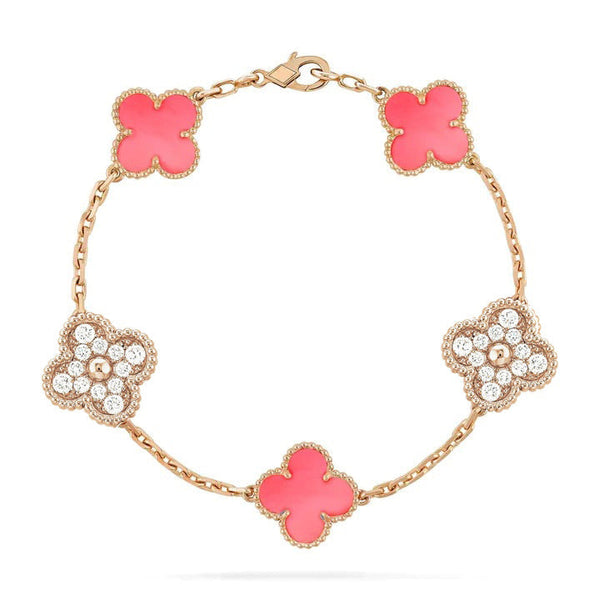 ˇStreet JewelryˇCLOVER 5 MOTIF DIAMOND PINK MOP ROSE GOLD BRACELET