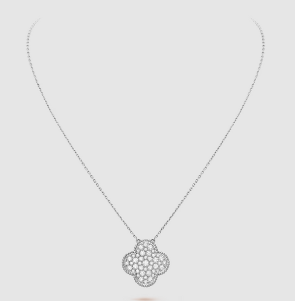 ˇStreet JewelryˇCLOVER 25MM LARGE PENDANT DIAMOND PAVED SILVER NECKLACE