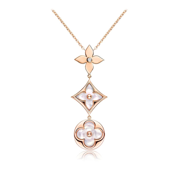 ˇStreet JewelryˇCOLOR BLOSSOM LARIAT NECKLACE PINK GOLD WHITE MOTHER PEARL AND DIAMOND